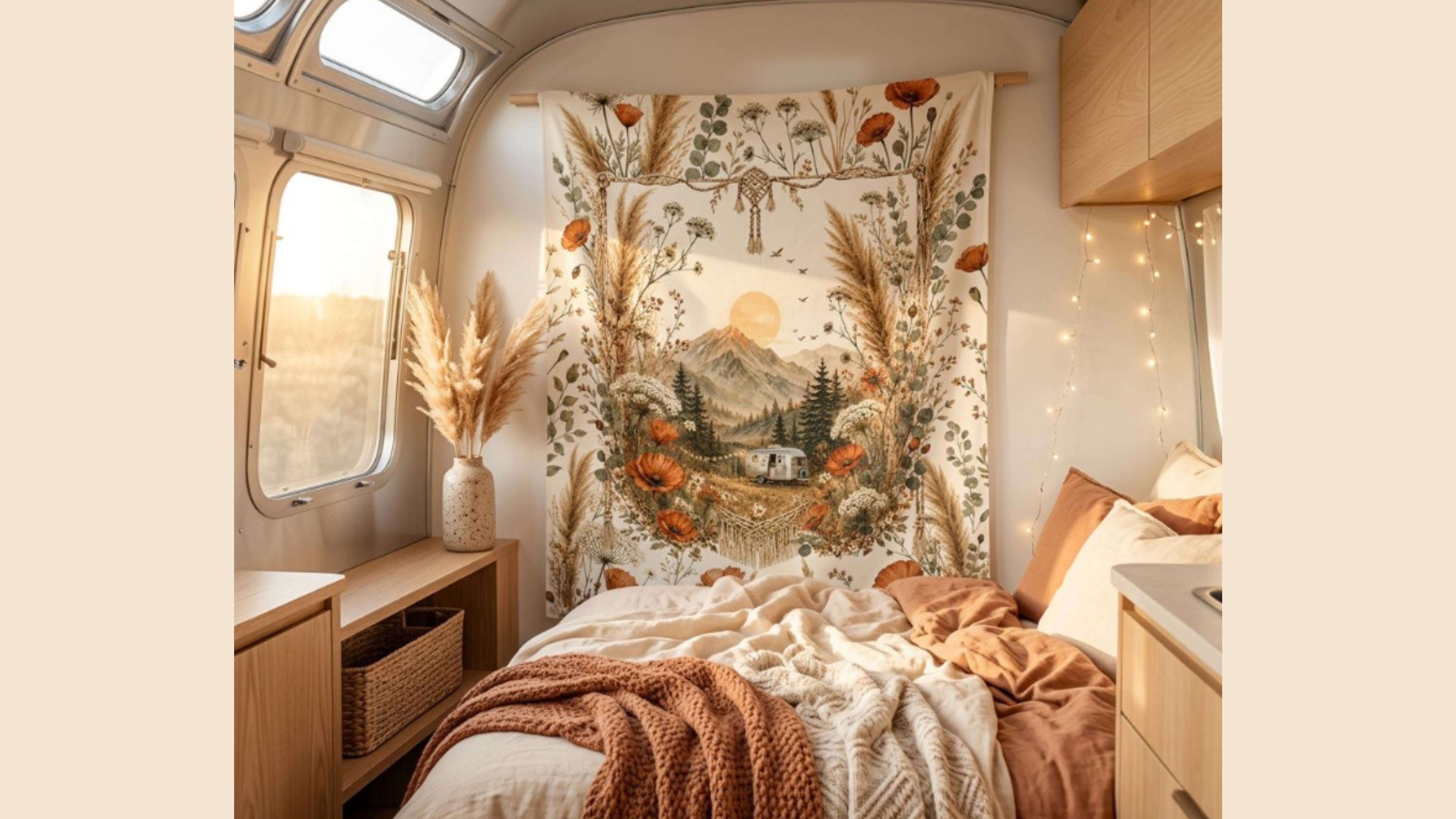 Warm golden Airstream bedroom interior — cozy textiles, soft light, home on wheels